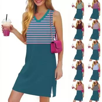 Женское повседневное модное сексуальное платье без рукавов с V-образным вырезом и разрезом по низу в полоску XXL