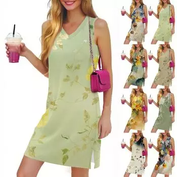 Женское повседневное модное сексуальное платье без рукавов с V-образным вырезом и цветочным подолом L