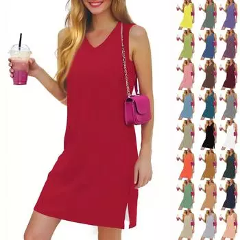 Женское повседневное модное сексуальное платье с V-образным вырезом без рукавов, однотонное платье с разрезом по низу M розовый