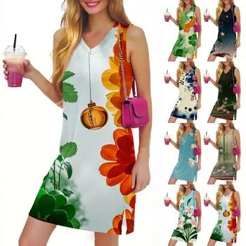 Женское повседневное модное сексуальное платье без рукавов с V-образным вырезом и цветочным подолом L