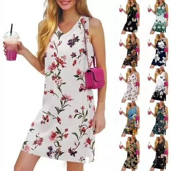 Женское повседневное модное сексуальное платье без рукавов с V-образным вырезом и цветочным принтом L чёрный