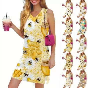 Женское повседневное модное сексуальное платье без рукавов с V-образным вырезом и цветочным принтом L бежевый