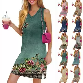 Женское повседневное модное сексуальное платье без рукавов с V-образным вырезом и цветочным принтом XL