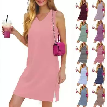 Женское повседневное модное сексуальное платье без рукавов с V-образным вырезом и разрезом по низу в полоску L армия зеленый