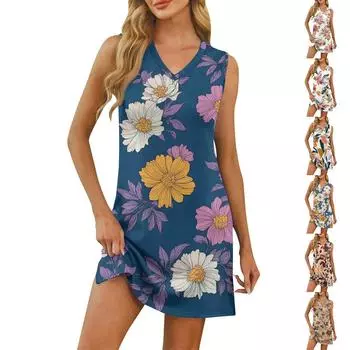 Женское повседневное модное сексуальное платье без рукавов с V-образным вырезом и цветочным принтом S