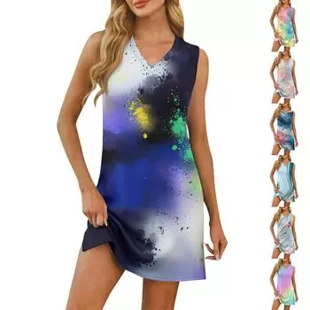 Женское повседневное модное сексуальное платье без рукавов с V-образным вырезом и градиентным принтом на подоле с разрезом M