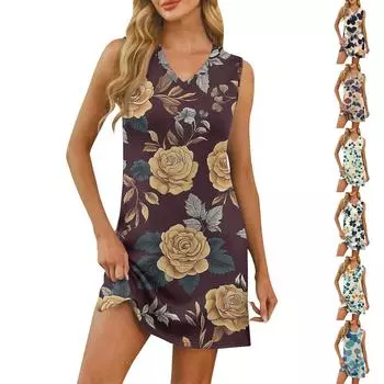 Женское повседневное модное сексуальное платье без рукавов с V-образным вырезом и цветочным принтом XL бежевый