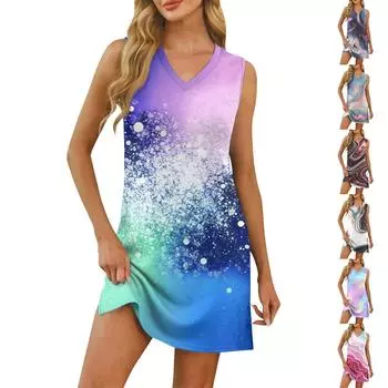Женское повседневное модное сексуальное платье без рукавов с V-образным вырезом и градиентным принтом на подоле с разрезом L