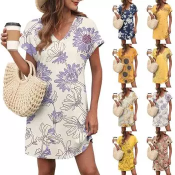 Женское повседневное модное сексуальное платье с V-образным вырезом и рукавами-крылышками с цветочным принтом L