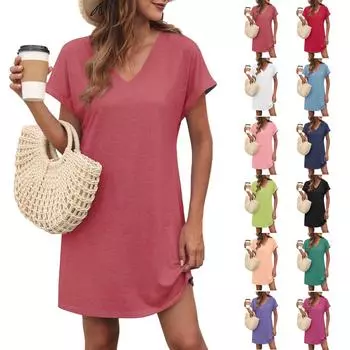 Женское повседневное модное сексуальное платье с V-образным вырезом и коротким рукавом с карманом, однотонное платье XXL
