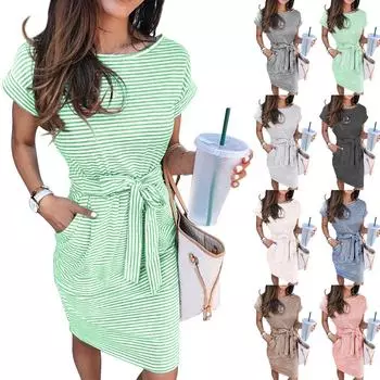 Женское повседневное модное сексуальное платье с круглым вырезом и короткими рукавами в полоску XXL винный