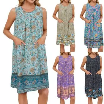 Женское повседневное модное сексуальное платье с круглым вырезом без рукавов с цветочным принтом XXL синий