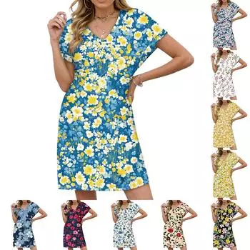 Женское повседневное модное сексуальное платье с V-образным вырезом и рукавами-крылышками с цветочным принтом L бежевый