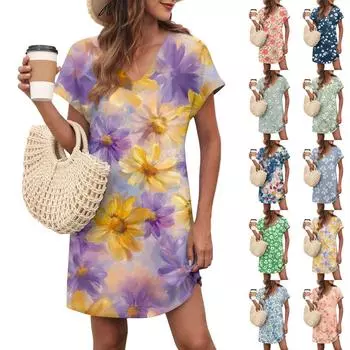 Женское повседневное модное сексуальное платье с V-образным вырезом и рукавами-крылышками с цветочным принтом XL зелёный