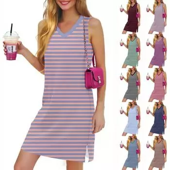 Женское повседневное модное сексуальное платье без рукавов с V-образным вырезом и разрезом по низу в полоску XXL чёрный
