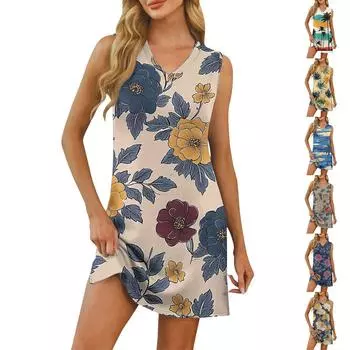 Женское повседневное модное сексуальное платье без рукавов с V-образным вырезом и цветочным принтом L темно-синий