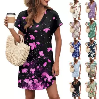 Женское повседневное модное сексуальное платье с V-образным вырезом и рукавами-крылышками с цветочным принтом M чёрный