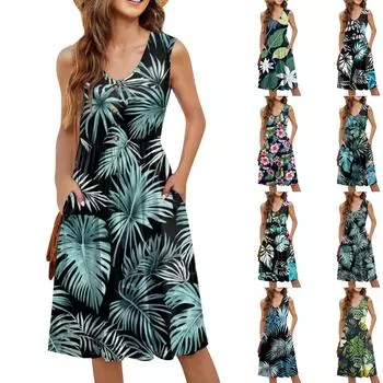 Женское повседневное модное сексуальное платье с V-образным вырезом, украшением на пуговицах, без рукавов, с принтом, бутоньеркой XXXL