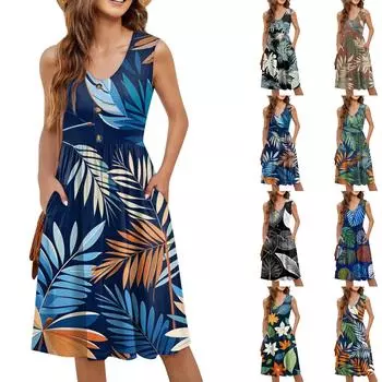 Женское повседневное модное сексуальное платье с V-образным вырезом, украшением на пуговицах, без рукавов, с принтом, бутоньеркой XL