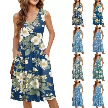 Женское повседневное модное сексуальное платье с V-образным вырезом, украшением на пуговицах, без рукавов, с принтом, бутоньеркой M