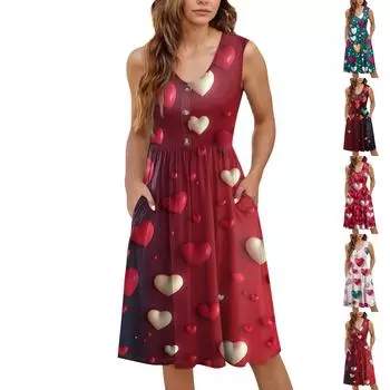 Женское повседневное модное сексуальное платье с V-образным вырезом и пуговицами без рукавов с принтом XL красный