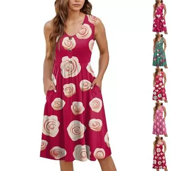 Женское повседневное модное сексуальное платье с V-образным вырезом и пуговицами без рукавов с принтом S киноварь