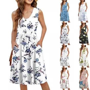 Женское повседневное модное сексуальное платье с V-образным вырезом, украшением на пуговицах, без рукавов, с принтом, бутоньеркой L чёрный