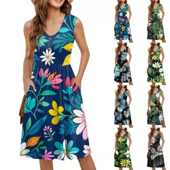 Женское повседневное модное сексуальное платье с V-образным вырезом, украшением на пуговицах, без рукавов, с принтом, бутоньеркой XXXL чёрный