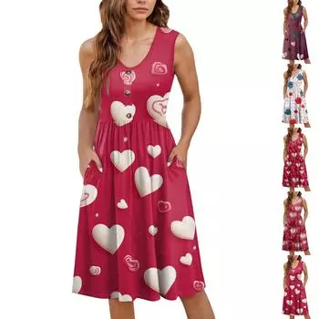 Женское повседневное модное сексуальное платье с V-образным вырезом и пуговицами без рукавов с принтом XL