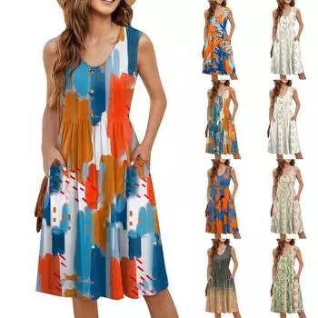 Женское повседневное модное сексуальное платье с V-образным вырезом, украшением на пуговицах, без рукавов, с принтом, бутоньеркой M