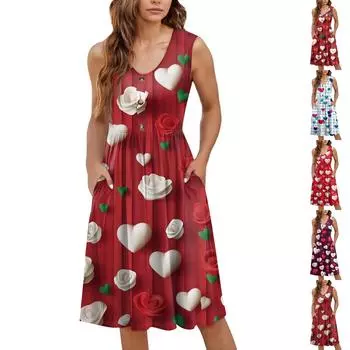Женское повседневное модное сексуальное платье с V-образным вырезом и пуговицами без рукавов с принтом XXXL
