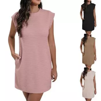 Женское повседневное модное сексуальное сплошное свободное платье без рукавов L бежевый