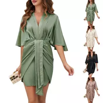 Женское повседневное модное сексуальное удобное прохладное дышащее свободное однотонное платье с талией L бежевый