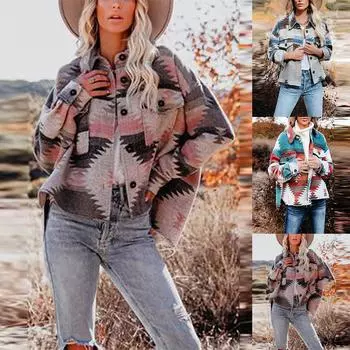 Женское повседневное модное шерстяное пальто с длинными рукавами и этническим геометрическим принтом в стиле ретро S синий