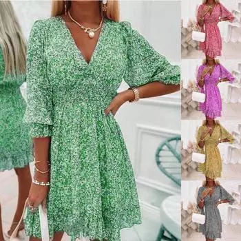 Женское повседневное модное шифоновое платье с V-образным вырезом и цветочным принтом из пластика на талии M жёлтый