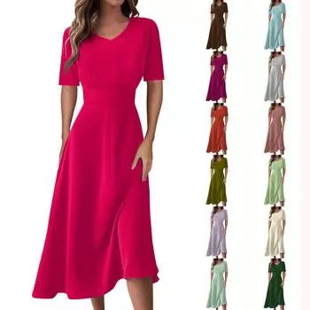 Женское повседневное модное сплошное цветное длинное свободное платье с v-образным вырезом и короткими рукавами на талии L