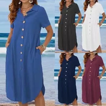 Женское повседневное модное сплошное цветное свободное платье-рубашка с половиной рукавов и карманом с круглым вырезом L чёрный