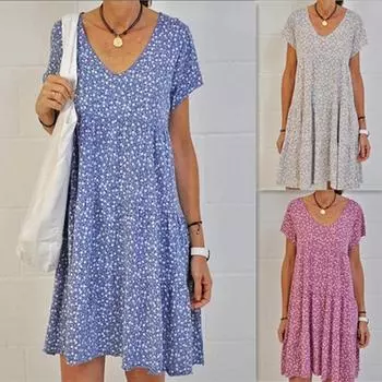 Женское повседневное модное стройнящее платье с цветочным принтом и короткими рукавами с v-образным вырезом L синий
