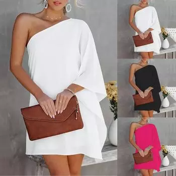 Женское повседневное модное свободное однотонное платье с кукольными рукавами на одно плечо XXL чёрный