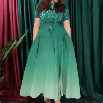 Женское повседневное модное свободное платье большого размера с принтом, круглым вырезом и короткими рукавами, карманными бретелями XXL армия зеленый