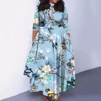 Женское повседневное модное свободное платье большого размера с цветочным принтом и круглым вырезом, рукавами три четверти, карманами и бретелями XL синий