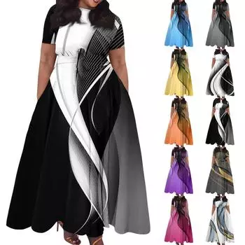 Женское повседневное модное свободное платье большого размера с принтом, круглым вырезом и короткими рукавами, карманными бретелями XXL фанданго