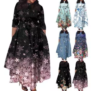 Женское повседневное модное свободное платье большого размера с градиентным принтом и круглым вырезом, рукавами три четверти, карманными бретелями XXL чёрный