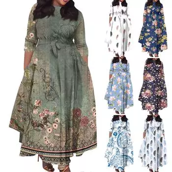 Женское повседневное модное свободное платье большого размера с цветочным принтом и круглым вырезом, рукавами три четверти, карманами и бретелями XXXXL чёрный