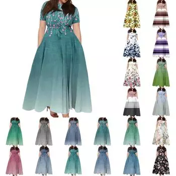 Женское повседневное модное свободное платье большого размера с принтом, круглым вырезом и короткими рукавами, карманными бретелями XL циан