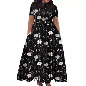 Женское повседневное модное свободное платье большого размера с принтом, круглым вырезом и короткими рукавами, карманными бретелями XL фиолетовый