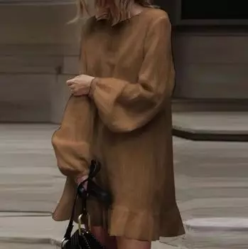 Женское повседневное модное свободное платье с длинными рукавами и оборками L кофейный