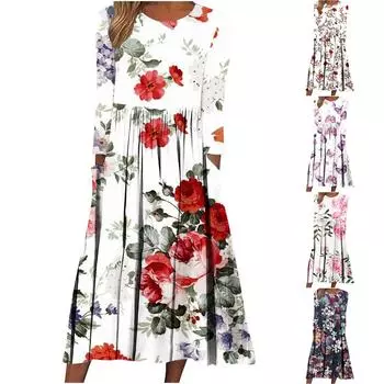 Женское повседневное модное свободное платье с длинными рукавами и v-образным вырезом с цветочным принтом L