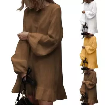 Женское повседневное модное свободное платье с длинными рукавами и оборками L кофейный