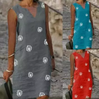 Женское повседневное модное свободное платье трапециевидной формы без рукавов с v-образным вырезом и принтом XXL синий